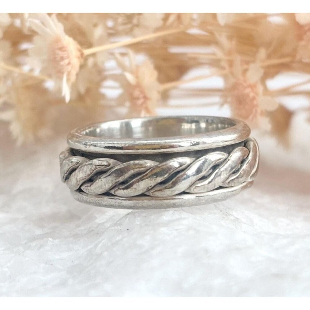 Rope Framed Spinner Straight Banded 925 Sterling Silver Vintage Ring - sz 6.5